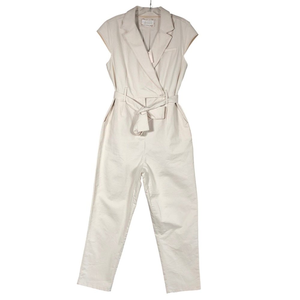 Anthropologie Wrap Front Belted Jumpsuit Women‎ 12 Cream Excellent Cap Sleeve